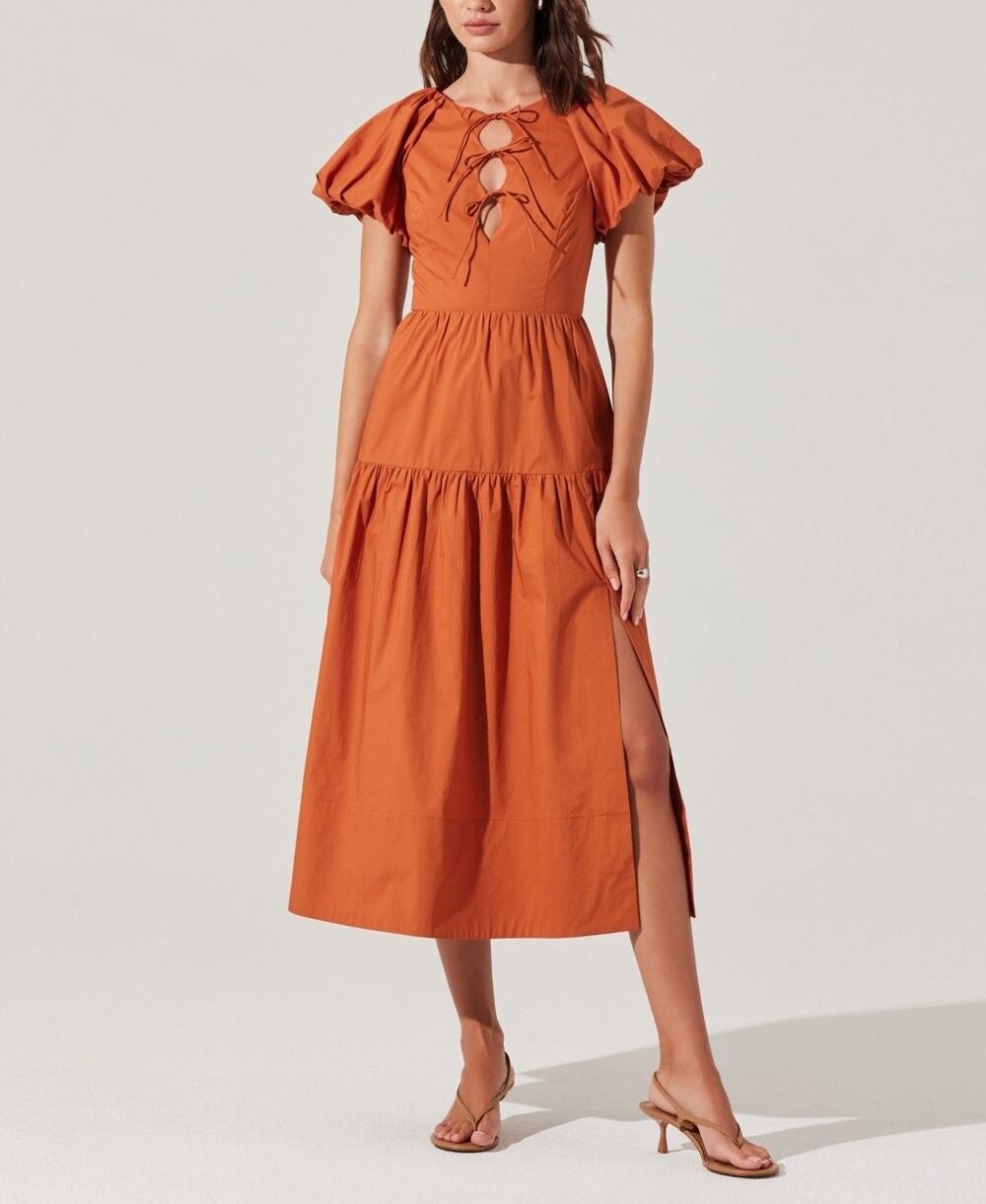 Astr the Label Aine Bow-Tie Puff-Sleeve Cotton Midi Dress Copper Medium